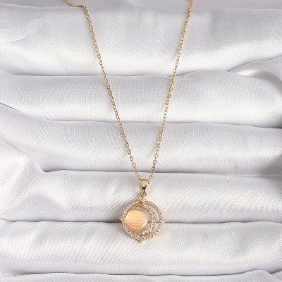 316L Çelik Gold Renk Zirkon Taşlı Turuncu Sedefli Hilal Model Kadın Kolye