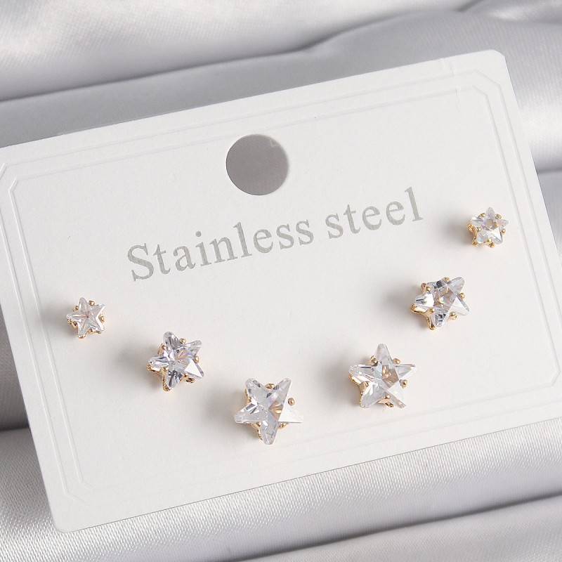 316L Çelik Gold Renk Zirkon Taşlı Yıldız Model Kadın Küpe Seti