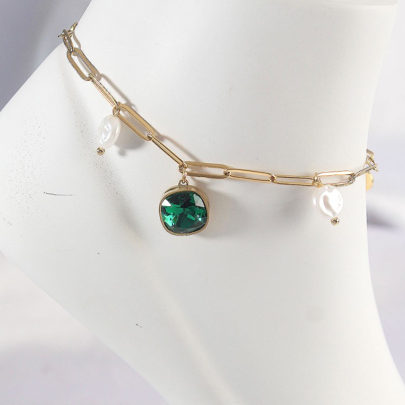 316L Çelik Gold Renk Zümrüt Taş Tasarımlı Halhal