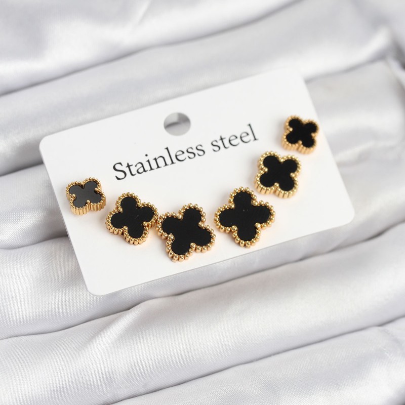 316L Çelik Gold Siyah Renk 3 Boy Yonca Küpe Seti