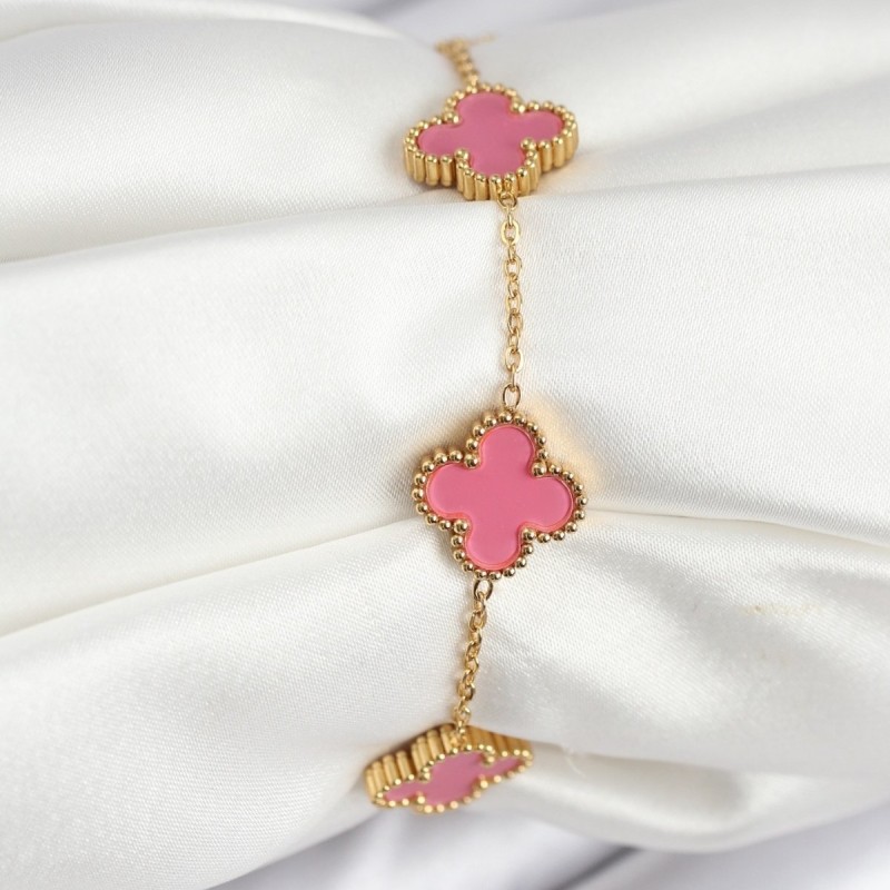 316L Çelik Gold Zincir Pembe Yonca Renk Bileklik