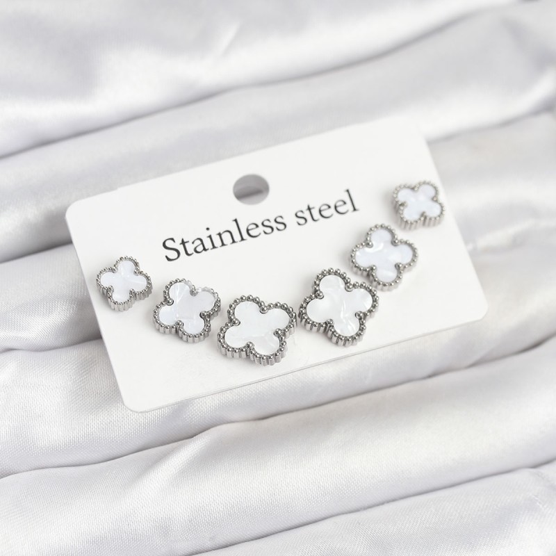 316L Çelik Gümüş Beyaz Renk 3 Boy Yonca Küpe Seti