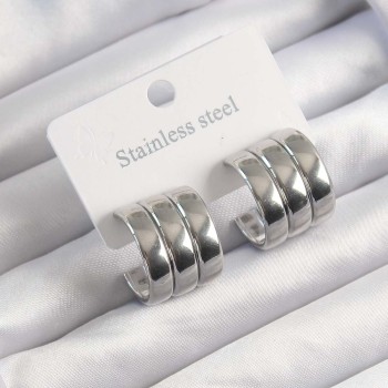 316L Çelik Gümüş Renk 3lü Görünüm Bombe Model Yarım Halka Küpe