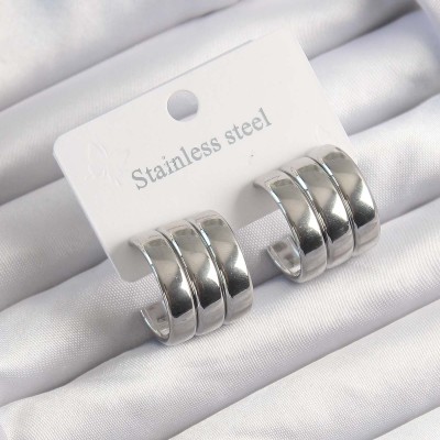 316L Çelik Gümüş Renk 3lü Görünüm Bombe Model Yarım Halka Küpe