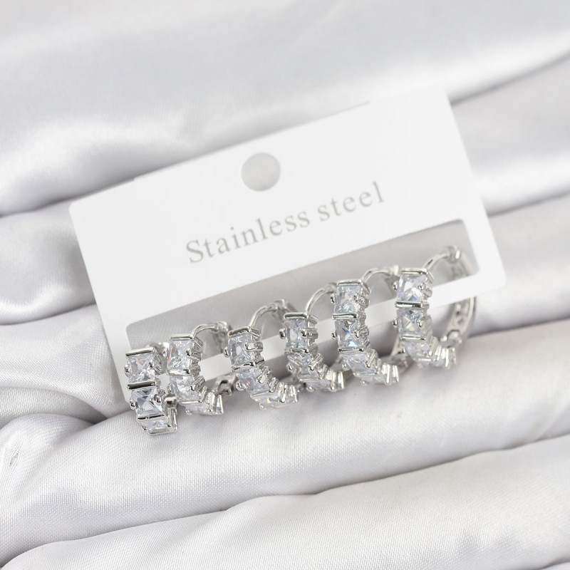 316L Çelik Gümüş Renk Baget Zirkon Taşlı Halka Küpe Seti