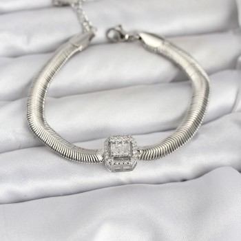 316L Çelik Gümüş Renk Baget Zirkon Taşlı Yılan Zincirli Kadın Bileklik