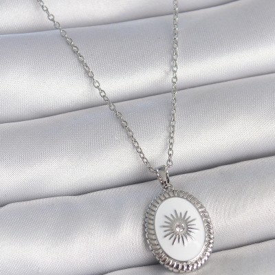 316L Çelik Gümüş Renk Beyaz Mineli Güneş İşlemeli Nazar Boncuk Detay Madalyon Model Kadın Kolye