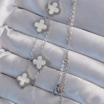 316L Çelik Gümüş Renk Beyaz Sedefli Yonca Kolye