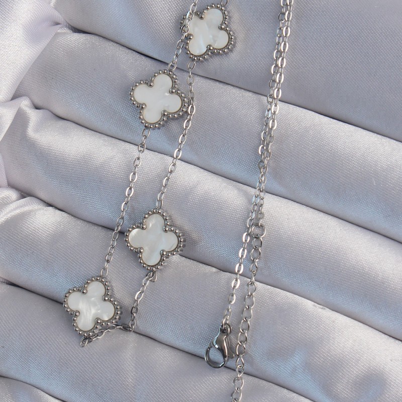 316L Çelik Gümüş Renk Beyaz Sedefli Yonca Kolye