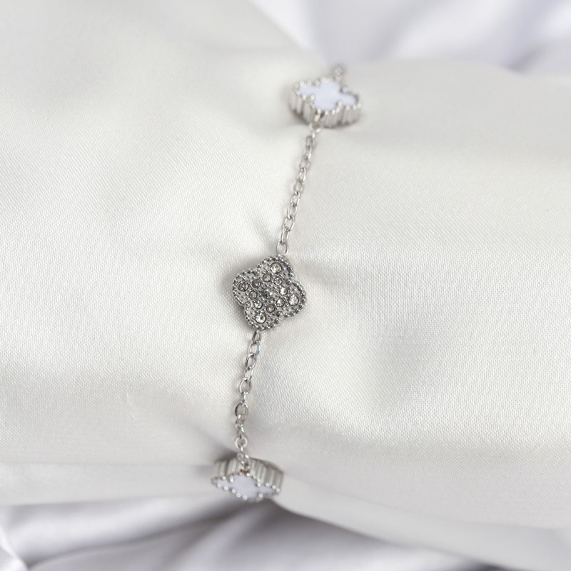 316L Çelik Gümüş Renk Beyaz ve Zirkon Taşlı Baby Boy Yonca Kadın Bileklik