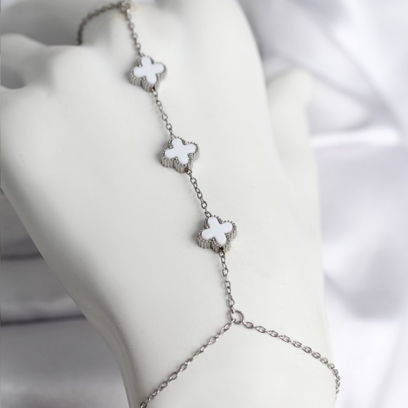 316L Çelik Gümüş Renk Beyaz Yonca Model Kadın Şahmeran