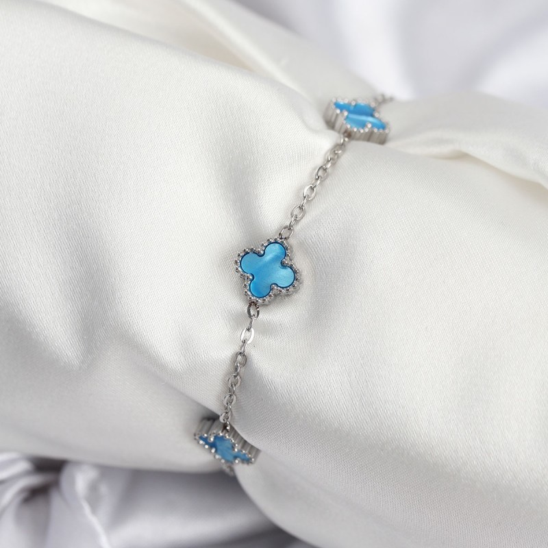 316L Çelik Gümüş Renk Buz Mavisi Baby Boy Yonca Kadın Bileklik
