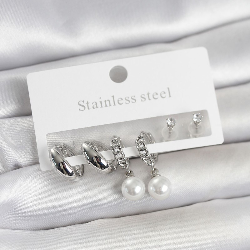 316L Çelik Gümüş Renk inci Halka Detaylı Kadın Küpe Seti