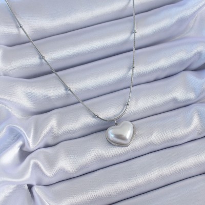 316L Çelik Gümüş Renk İncili Kalp Model Minimal Top Detay Kadın Kolye