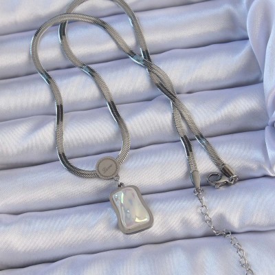 316L Çelik Gümüş Renk İtalyan Zincir Ezme Taşlı Kolye