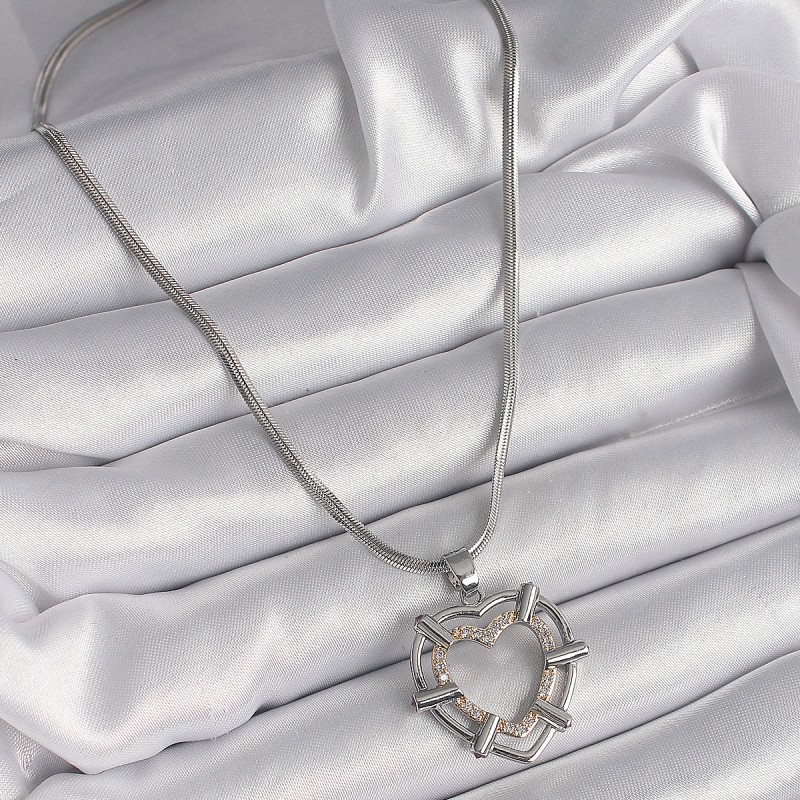 316L Çelik Gümüş Renk İtalyan Zincir Mix Renk Zirkon Taş Detay Kalp Model Kadın Kolye