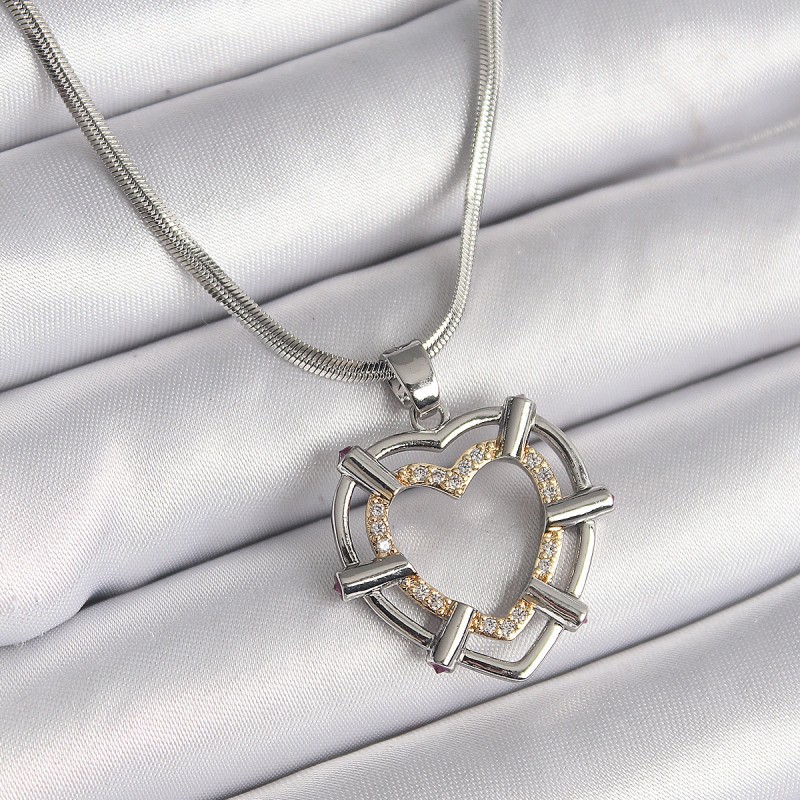 316L Çelik Gümüş Renk İtalyan Zincir Mix Renk Zirkon Taş Detay Kalp Model Kadın Kolye