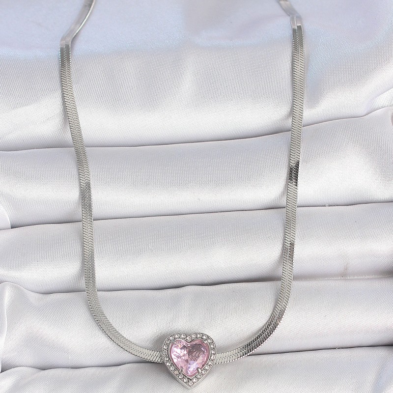 316L Çelik Gümüş Renk İtalyan Zincir Pembe Zirkon Taşlı Kalp Model Kadın Kolye