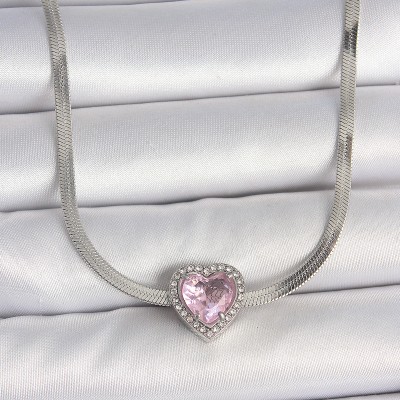 316L Çelik Gümüş Renk İtalyan Zincir Pembe Zirkon Taşlı Kalp Model Kadın Kolye