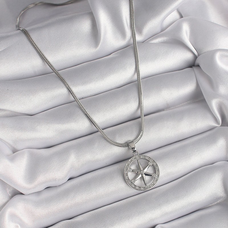316L Çelik Gümüş Renk İtalyan Zincir Zirkon Taşlı Kutup Yıldız Model Kadın Kolye