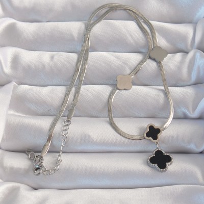 316L Çelik Gümüş Renk İtalyan Zincirli Mineli Yonca Kolye