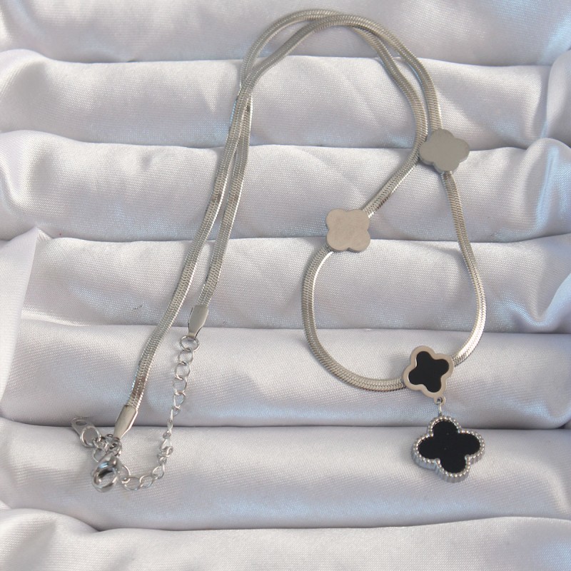 316L Çelik Gümüş Renk İtalyan Zincirli Mineli Yonca Kolye