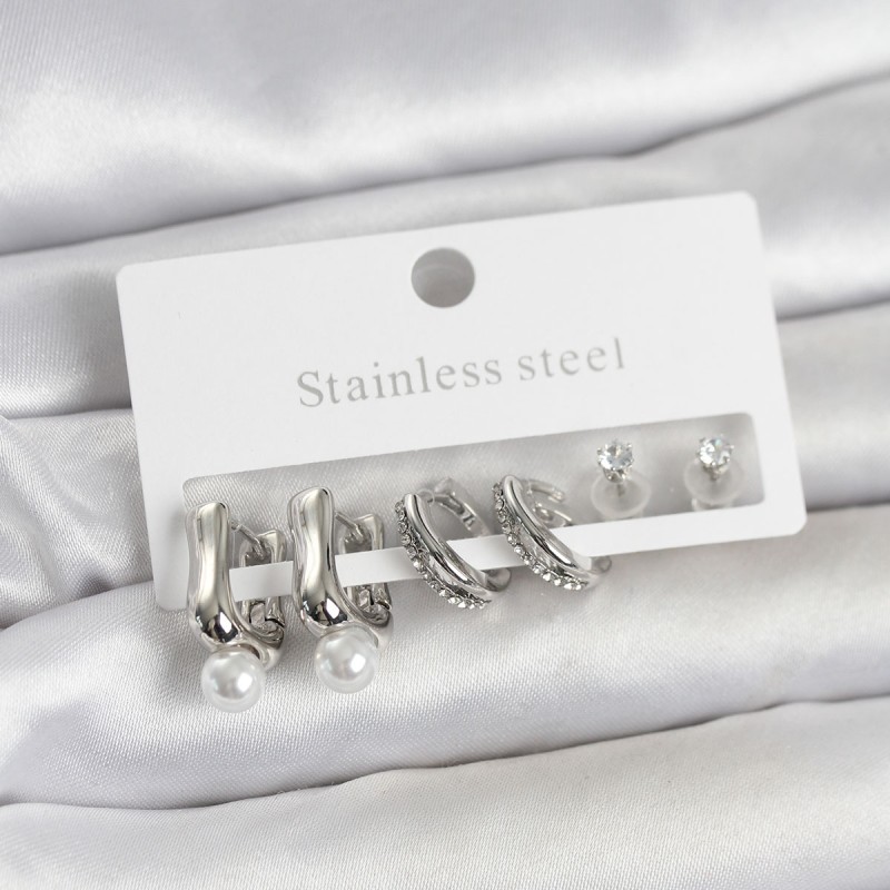 316L Çelik Gümüş Renk Kadın Küpe Seti