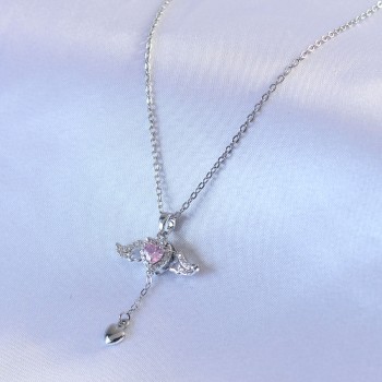 316L Çelik Gümüş Renk Kanatlı Kalp Figür Zirkon Taş Detay Kadın Kolye