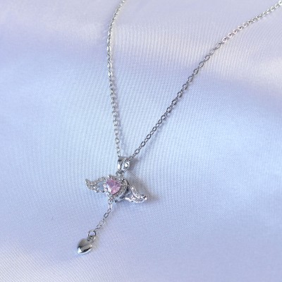 316L Çelik Gümüş Renk Kanatlı Kalp Figür Zirkon Taş Detay Kadın Kolye