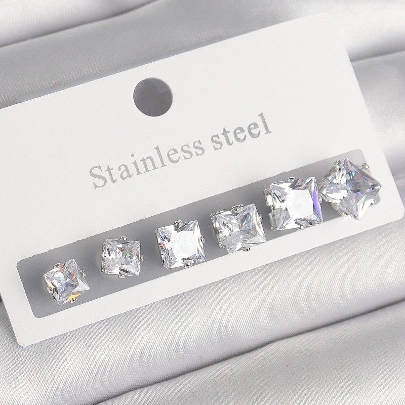 316L Çelik Gümüş Renk Kare Zirkon Taşlı Kadın Küpe Seti