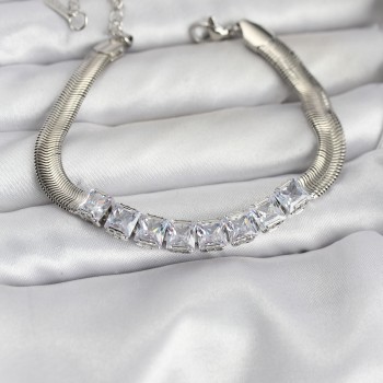 316L Çelik Gümüş Renk Kare Zirkon Taşlı Yılan Zincirli Kadın Bileklik