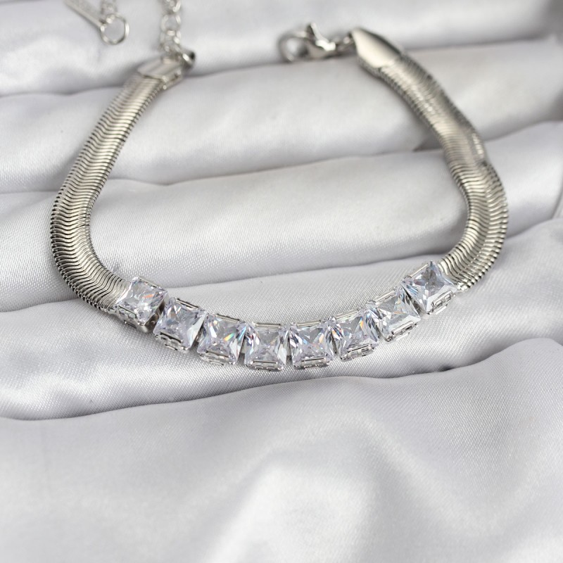 316L Çelik Gümüş Renk Kare Zirkon Taşlı Yılan Zincirli Kadın Bileklik