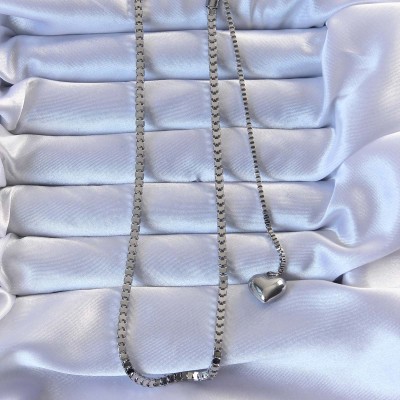 316L Çelik Gümüş Renk Küp Zincirli Kalpli Kolye