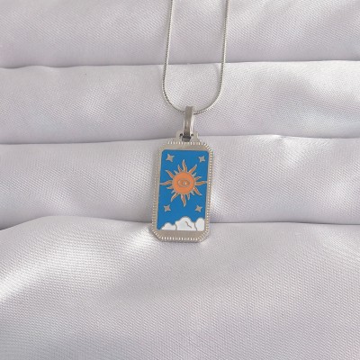 316L Çelik Gümüş Renk Mavi Mineli Güneş Model Tarot Kolye