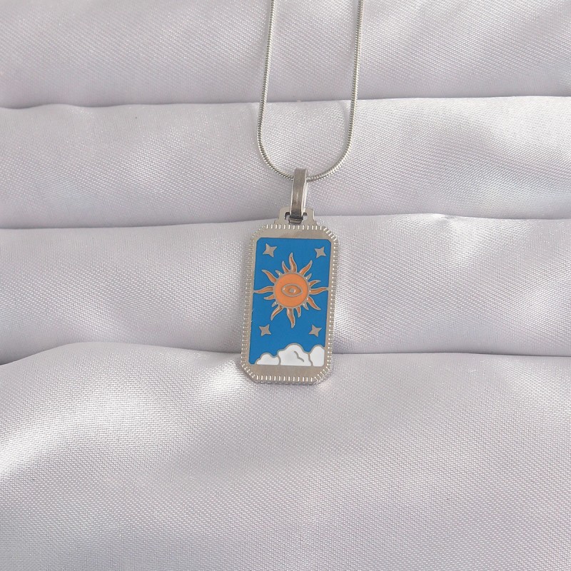 316L Çelik Gümüş Renk Mavi Mineli Güneş Model Tarot Kolye