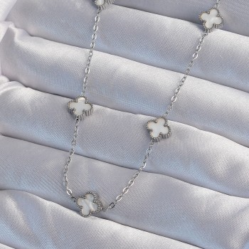 316L Çelik Gümüş Renk Minimal Beyaz Sedefli Yonca Kolye