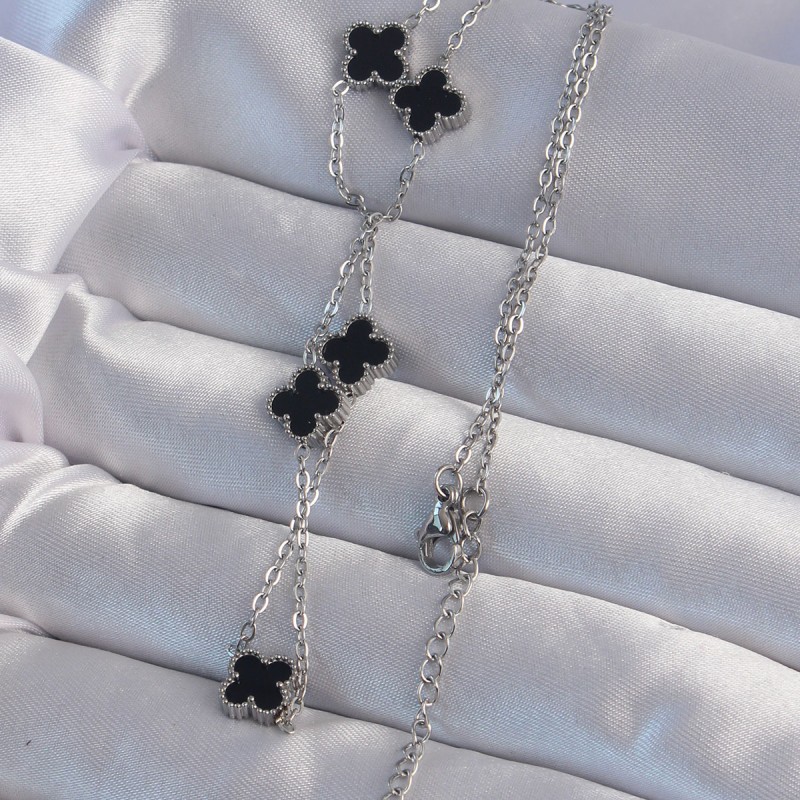 316L Çelik Gümüş Renk Minimal Siyah Mineli Yonca Kolye