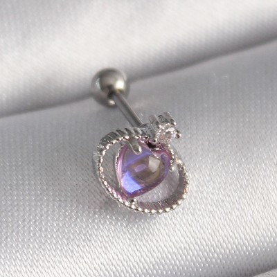 316L Çelik Gümüş Renk Mor Mineli Kalp Zirkon Taş Detay Tragus Piercing