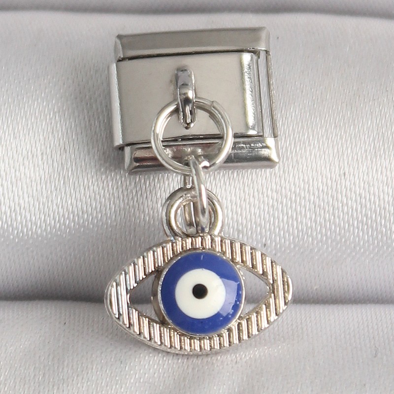 316L Çelik Gümüş Renk Nazar Boncuk Detaylı Göz Model Nomination Charm