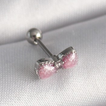 316L Çelik Gümüş Renk Pembe Kurdele Zirkon Taş Detay Tragus Piercing