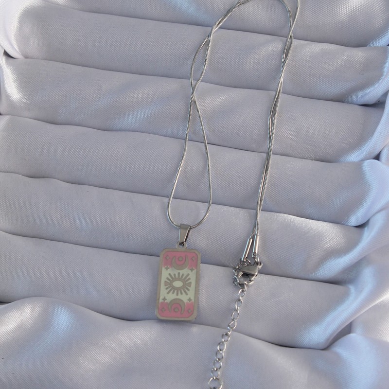 316L Çelik Gümüş Renk Pembe Mineli Ay Figür Tarot Kolye