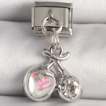 316L Çelik Gümüş Renk Pembe Mineli Kalp Zirkon Taş Detay Nomination Charm