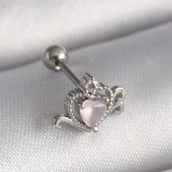 316L Çelik Gümüş Renk Pembe Mineli Kalp Zirkon Taş Detay Tragus Piercing