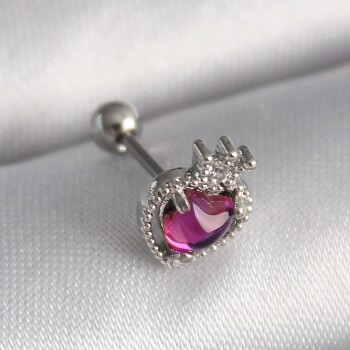 316L Çelik Gümüş Renk Pembe Mineli Kalp Zirkon Taş Detaylı Taç Tragus Piercing