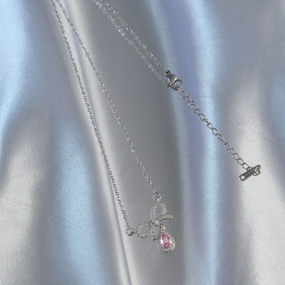 316L Çelik Gümüş Renk Pembe Zirkon Taşlı Damla Kolye