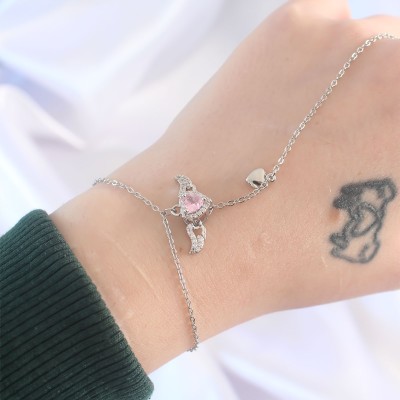 316L Çelik Gümüş Renk Pembe Zirkon Taşlı Kanatlı Kalp Model Şahmeran