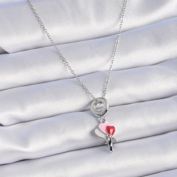 316L Çelik Gümüş Renk Renkli Kalp Figür Charm Model Kadın Kolye