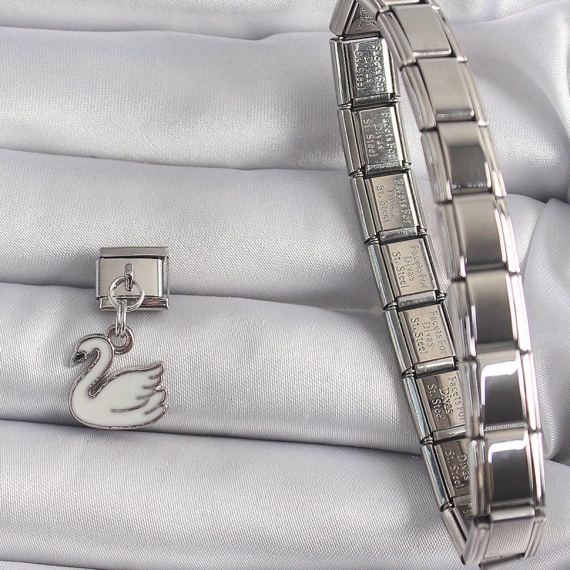 316L Çelik Gümüş Renk Sallantı Beyaz Kuğu Model Nomination Charm