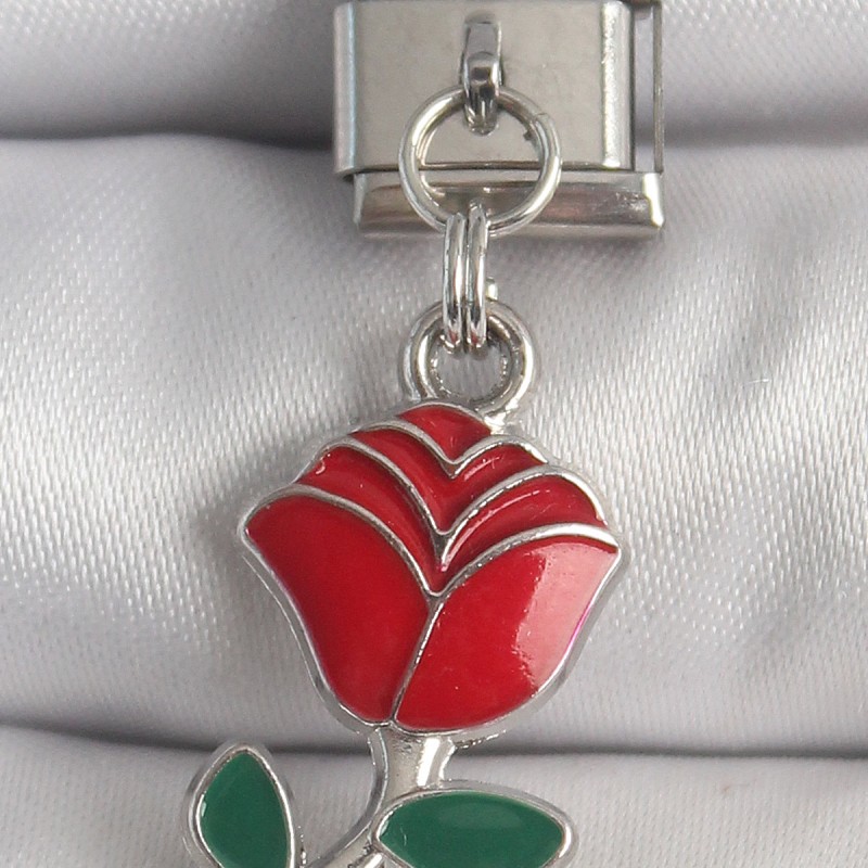 316L Çelik Gümüş Renk Sallantı Kırmızı Gül Model Nomination Charm