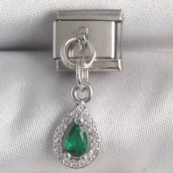 316L Çelik Gümüş Renk Sallantı Yeşil Zirkon Taşlı Damla Model Nomination Charm